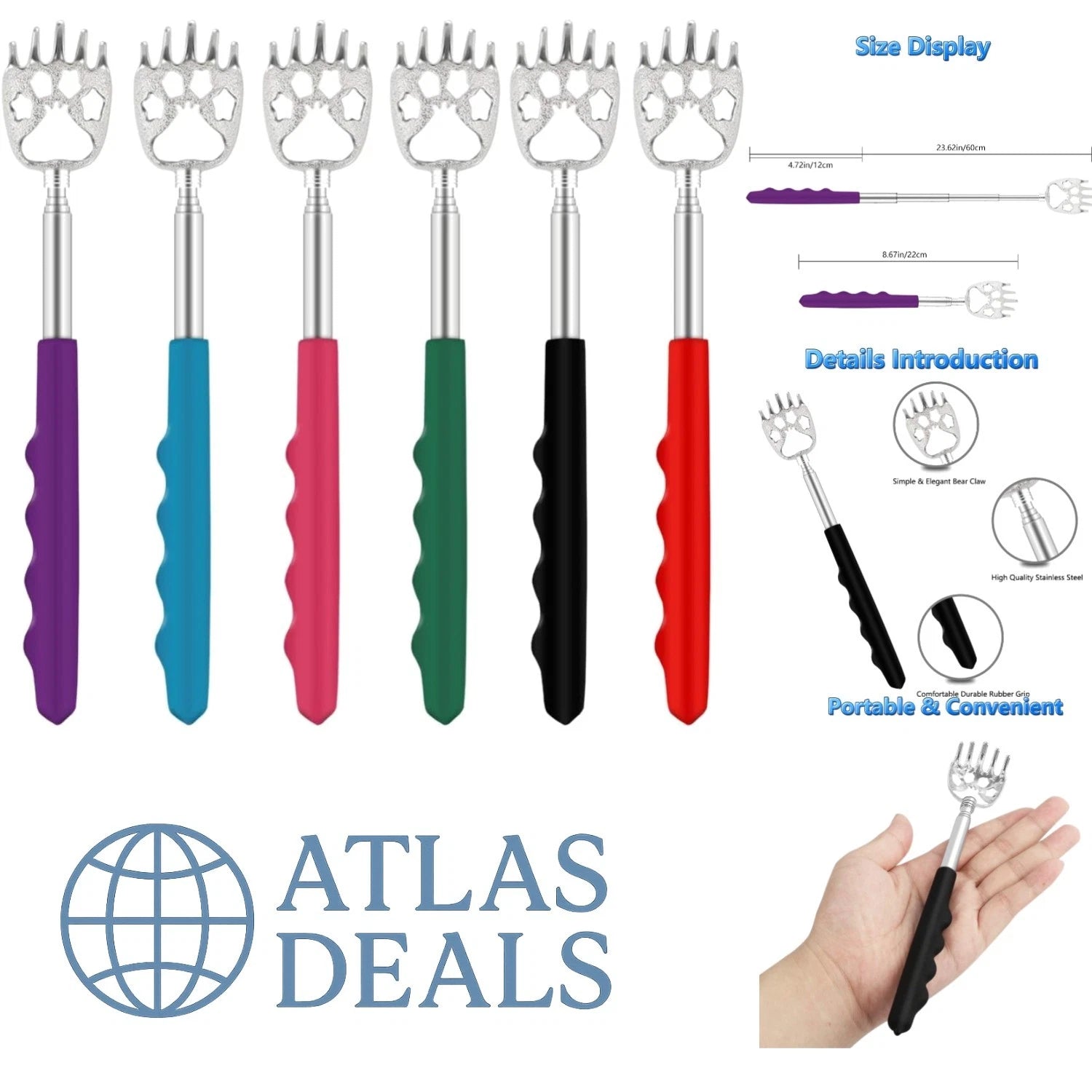 6 Pack Telescoping Bear Claw Back Scratchers - Multi-Color Portable Relief