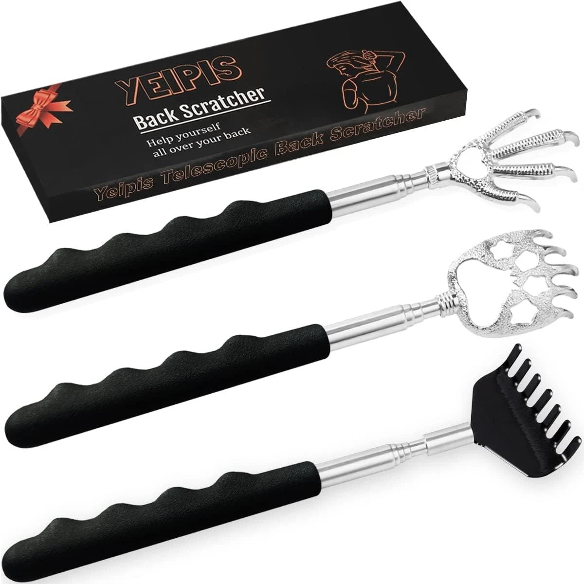 3-Pack Extendable Metal Back Scratcher Set with Rubber Handles
