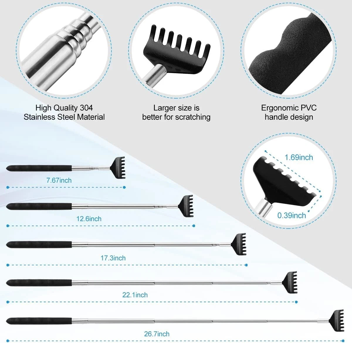 3 Pack Different Back Scratcher, Metal Telescoping with Rubber Handles