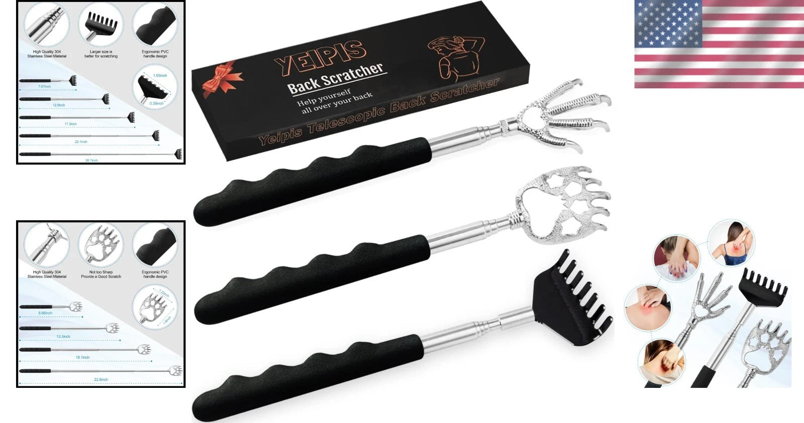 3-Pack Extendable Metal Back Scratcher Set with Rubber Handles