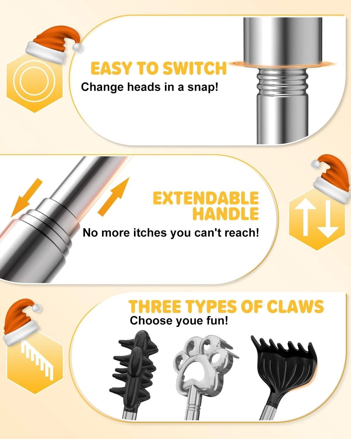 Back Scratcher: Extendable 3in1  Cool Gadget Unique Claw Head