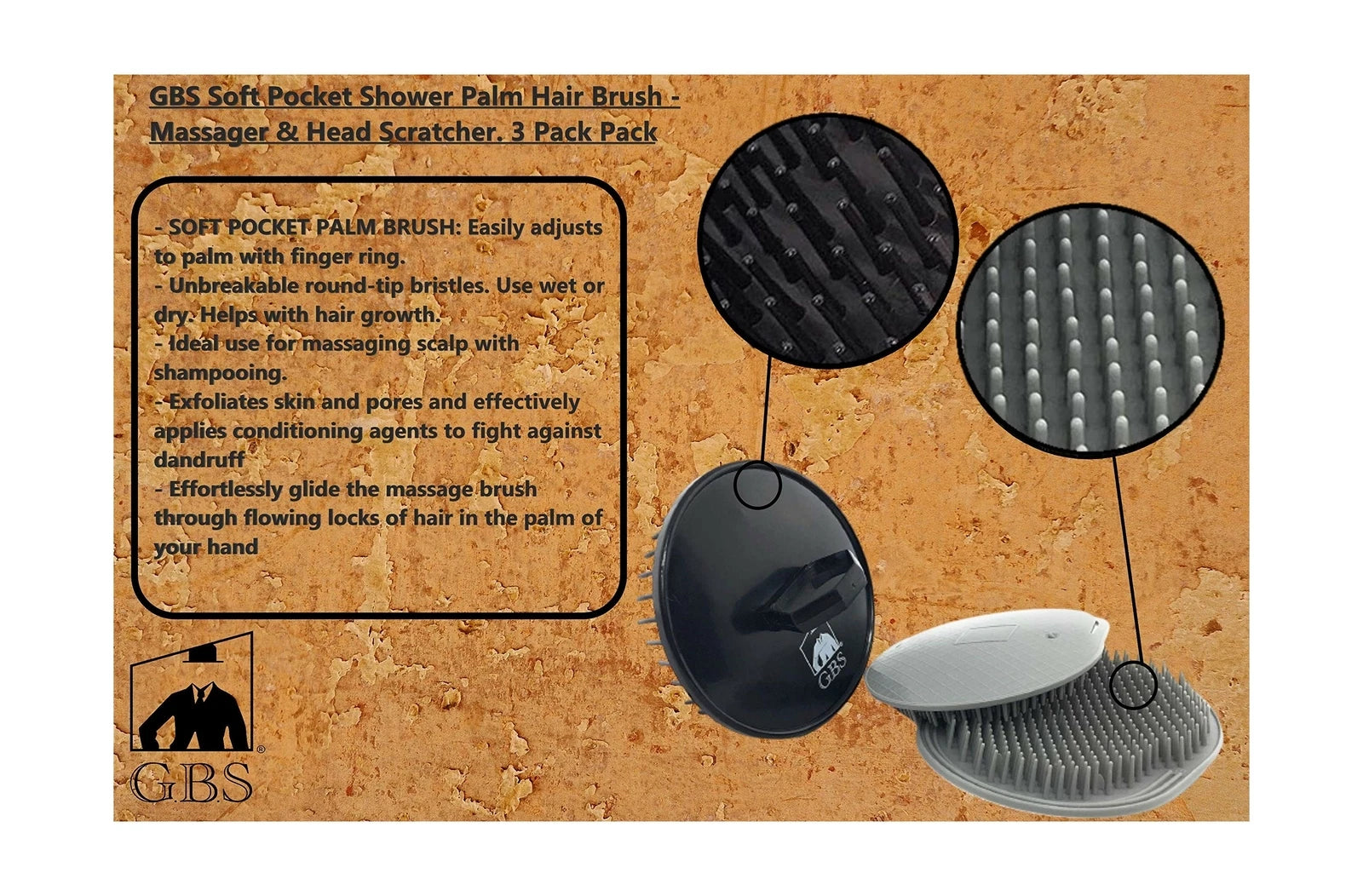 GBS Soft Pocket Shower Palm Hair Brush 1.48 OZ Massager Head Scratcher 3 Pack