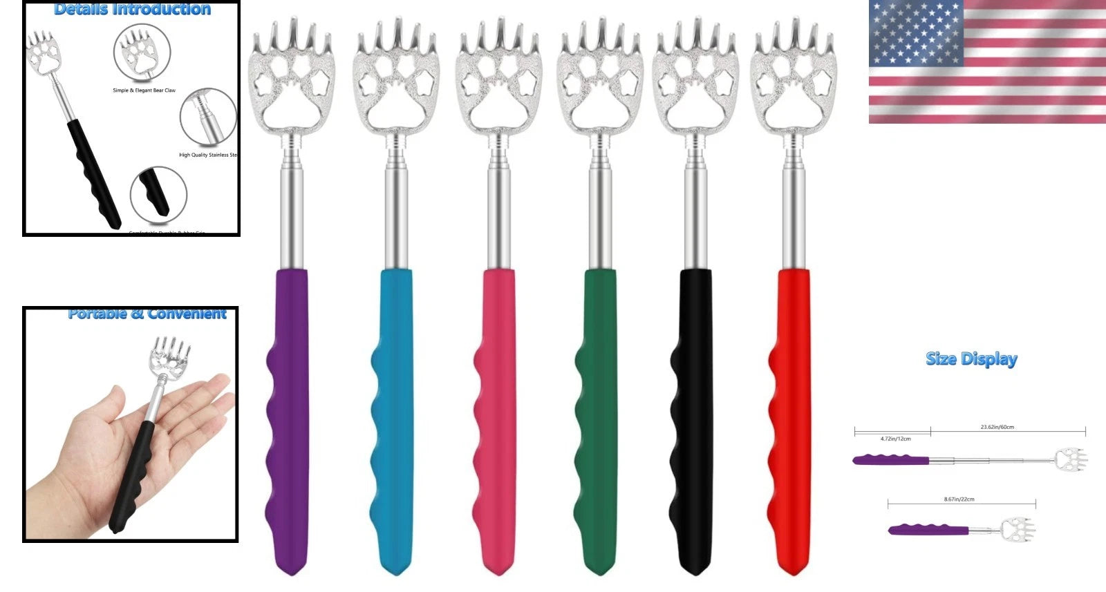 6 Pack Telescoping Bear Claw Back Scratchers - Multi-Color Portable Relief