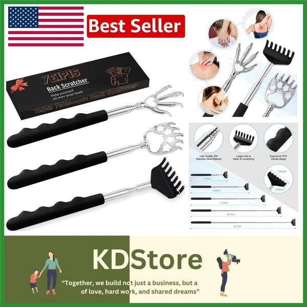 3-Pack Extendable Metal Back Scratcher Set with Rubber Handles